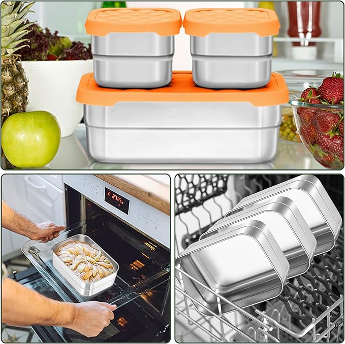 HaWare Stainless Steel Lunch Box for Kids, Leak Proof Food Storage Containers with Silicone Lids, Portable Sandwich Containers, Easy Open Snack Box for School & Daycare, Dishwasher Safe (8oz*2+25oz)
