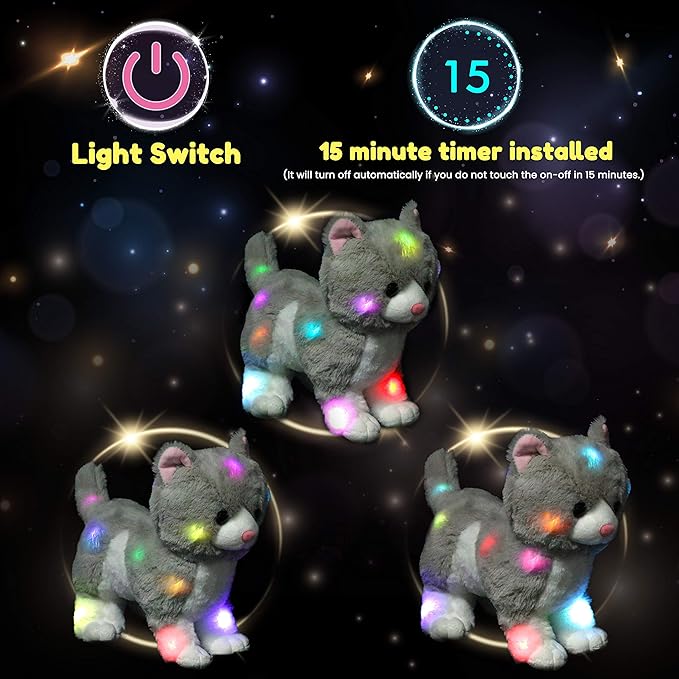 Hopearl LED Plush Kitty Lighting Up Stuffed Animal Cat Floppy Kitten Night Lights Glow in The Dark Birthday Festival for Kids Toddler Girls, Gray, 13.5''