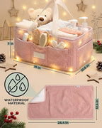 Baby Diaper Caddy Organizer with Portable Changing Mat - Teddy Fleece Diaper Organizer for Changing Table - Basket for Changing Essentials - Baby Essentials Organizer with Removable Dividers