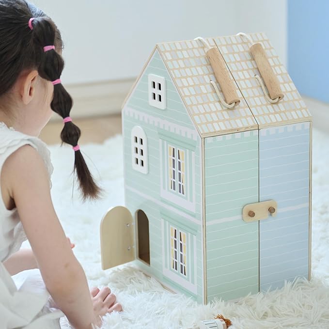 Olivia's Little World Folding Wooden Dollhouse – 3-Story Portable Playhouse with Furniture, Family Figures & Pet, Built-in Carry Handle, Compact Fold-Up Design Toy for Ages 3+