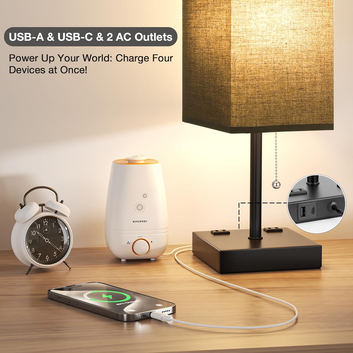 Black Table Lamp for Bedroom - 3 Color Temperature 3000K 5000K 4000K Bedside Lamp, Pull Chain Control, USB A and C Ports, AC Outlets, Bulb Included, Medium
