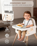 Baby High Chair for 6 Months+, Foldable High Chairs for Babies and Toddlers, Convertible Toddler Chair, Adjustable Tray & Footrest, Lightweight, Stable & Easy to Clean(White with Wood Grain)