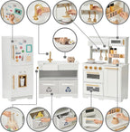 Teamson Kids Little Chef Atlanta Large Modular Wooden Play Kitchen with Interactive, Realistic Features, and 17 Kitchen Accessories, for 3yrs and up, White/Gold