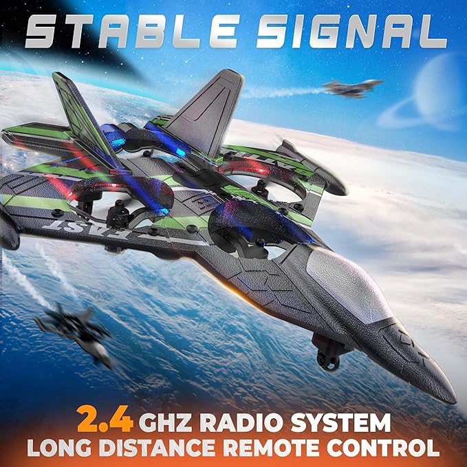 BEZGAR Drones for Kids | 2.4GHZ RC Plane, Remote Control Airplane, RC Helicopter, 360° Flip Fighter Jet Toy, Toys for Ages 8+ with Colorful LED Navigation Lights Green