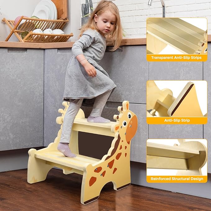 Toddler Step Stool, 2-Step Wooden Step Stool for Toddlers with Non-Slip Base, Cute Printed Design Potty Training Stool for Bathroom Sink, Kitchen & Bedroom (Giraffe)