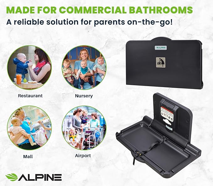 Alpine Wall Mounted Baby Changing Station - Horizontal Baby Changing Table Foldable Diaper Tables with Safety Strap for Commercial Bathroom, ADA Complaint (Hardware Included) Black
