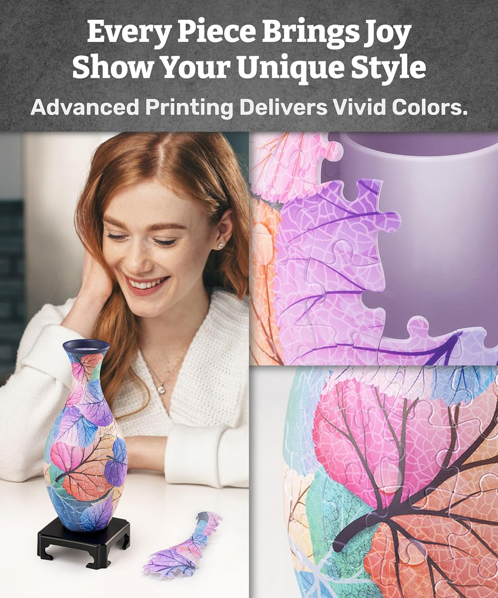 Pintoo 3D Puzzle Vase Unique Flower Vase Made by 160 Curved Plastic Puzzle Pieces House Warming Gift for Flower Arrangements and Home Decoration - [S1034] (Classic, Colorful Leaves)