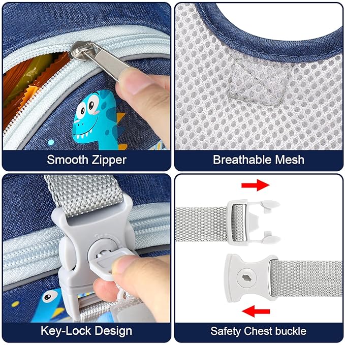 Accmor Toddler Safty Harness Leash, Cute Dinosaur Child Leashes + Reflective Anti Lost Wrist Link, Foldable Baby Walking Harness Pocket Kids Tether Protection for Boys Girls Aged 1-5 to Travel Outdoor