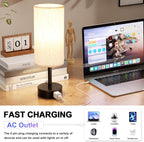 Bedside Table Lamp for Nightstand - 3 Color Temperatures Pull Chain Lamp with AC Outlet Charging Port, Round Night Stand Light for Bedroom Living Room, Small Bed Side Light with E26 LED Bulb