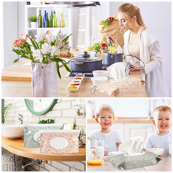 FEBSNOW 2 Pack Baby Wipes Dispenser, Portable Refillable Wipe Holder Baby Wipes Container Travel Wipes Case Reusable Wet Wipes Pouch (Floral)