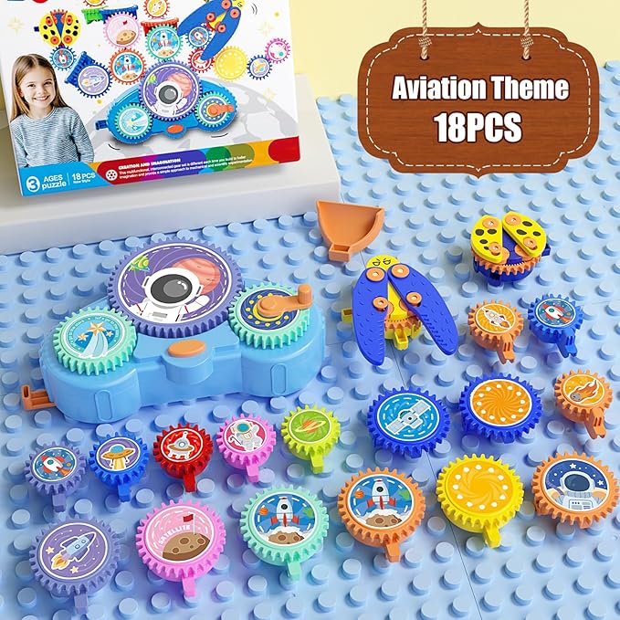 STEM Gears Toys for Kids Ages 3+, Creative Learning Building Blocks, 18Pcs Educational Construction Toy Set, Electric & Manual Dual Mode, Versatile Gear Playset Gift for Boys & Girls