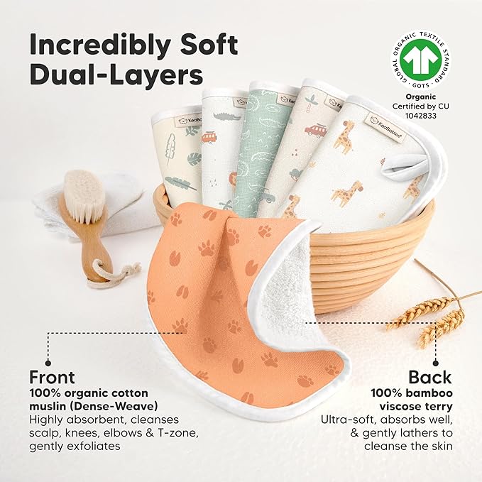 6-Pack Cotton Baby Washcloths for Newborn - Organic Cotton Muslin Soft Wash Cloths for Babies, Infant, Kids, Toddler Towels for Boy,Girl,Super Absorbent Face Cloths,Scratch-free Baby Rags (Wilderness)