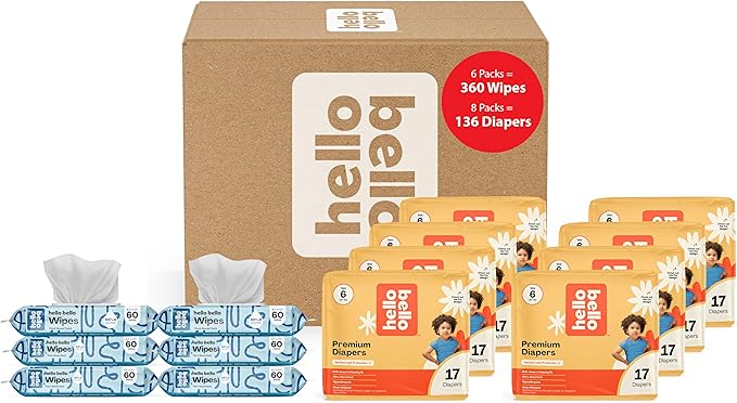 Hello Bello Mega Surprise Pack, Size 6 (35+ lbs), 136ct Hypoallergenic Assorted Diapers with a Soft, Cloth-Like Feel Plus 360 Ultra Gentle Unscented Baby Wipes in 6 Resealable Packs