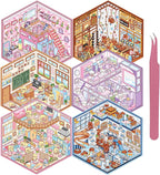 DIY 3D Sticker Scene, 6 Sets of Aesthetic Stickers for Girls Make Your Own Mini Shop Scenes Stickers for Kids Sticker Therapy for Adult Relief Stress Pass The Time