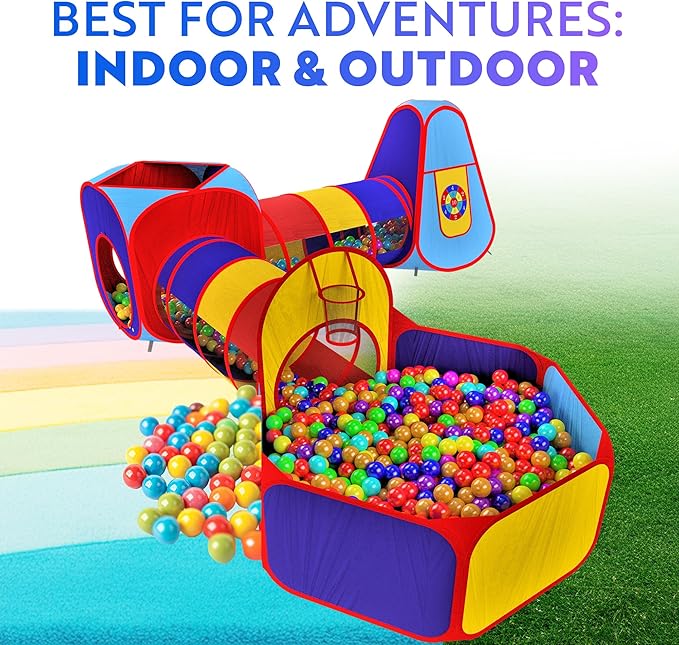 Playz 5pc Kids' Play Tents & Tunnels - Ball Pit for Toddlers, Basketball Hoop, Crawling Tubes, Pop-Up Playhouses, Baby Obstacle Course for Indoor or Outdoor Use