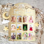 One Year Birthday Wooden Photo Board My First Year Milestone Photo Board 12 Monthly Picture Frame Baby First year Wood Acrylic Sign 1st Birthday Decorations Baby Keepsake Gift (2" x 3" photos - Wallet Size)