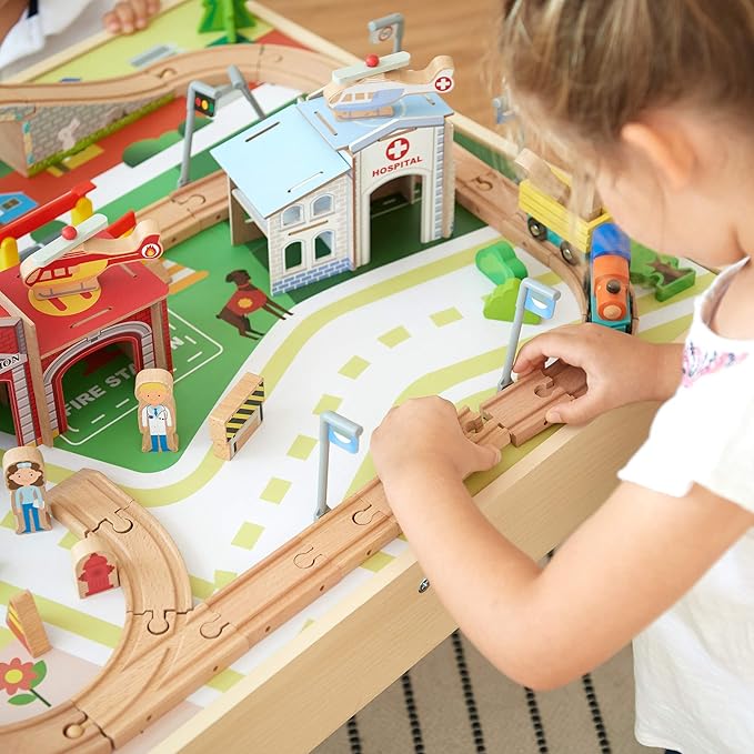 Teamson Kids Train Table Set with 85 Pieces, Preschool Play Lab Activity Table with Wooden Trains, Cars, Railroad, Town Scenery, & More for Kids & Toddlers, Wood Color