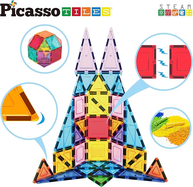 PicassoTiles Magnet Tile Building Block Set Magnetic Construction Square Triangle Tiles Toy Kit Sparking Creativity Geometric Shapes STEM Educational Learning Brain Development Kids Ages 3+ PB36
