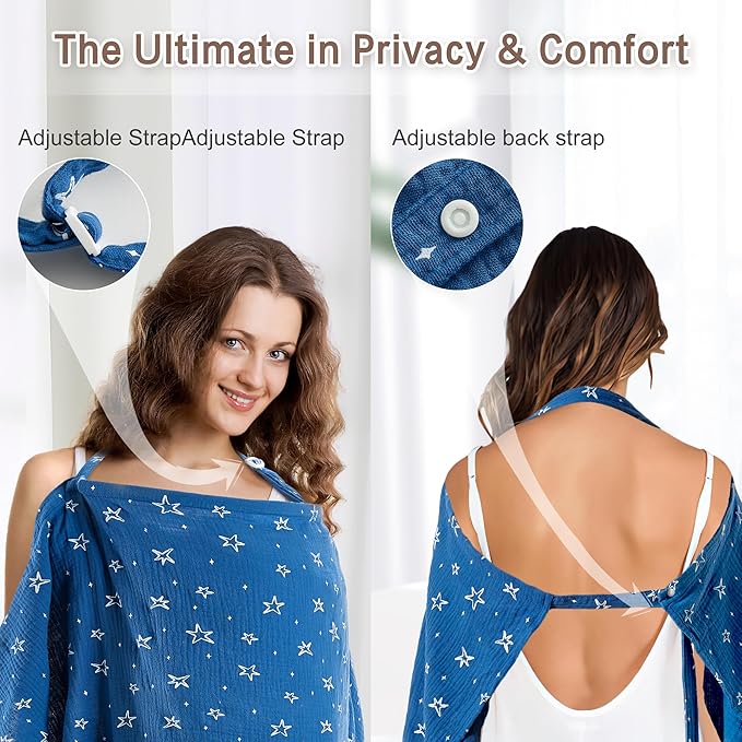 Nursing Cover 100% Cotton Breastfeeding Cover Privacy Muslin Large Full Coverage Baby Nursing Scarf with Gift Box (Blue Starry Sky)