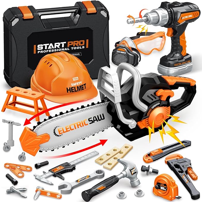 Kids Tool Set Toys, 48 Pcs Toddler Tool Set with Portable Tool Box, Electronic Toy Drill & Electric Chainsaw, Construction Tools Gifts for Boys Aged 3 4 5 6 7, Christmas Birthday Gifts for Toddlers