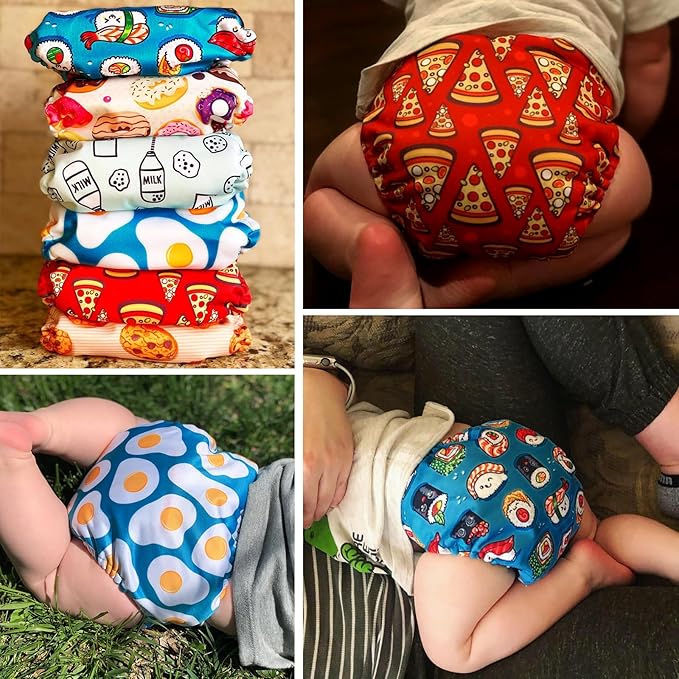 Mama Koala 3.0 Cloth Diapers for Babies, 6 Pack One Size Washable and Reusable Pocket Diapers for Newborns and Toddlers (Food Meeting)
