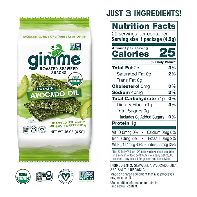 Gimme Seaweed Organic Premium Roasted Seaweed Snacks, Sea Salt & Avocado Oil, 20 Count, Keto, Vegan, Gluten-Free, Great Source of Omega3s and Iodine, Healthy On-The-Go Snack for Kids and Adults