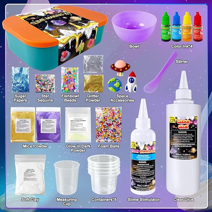 Metallic Slime Kit for Girls, Glimmer Crunchy, Galaxy Slime Making Kit for Girls Boys 6-12, Glow in The Dark DIY Slime Kit with Add-ins, Foam Balls, Charms, Glitters, Party Favors Gift Toys for Kids