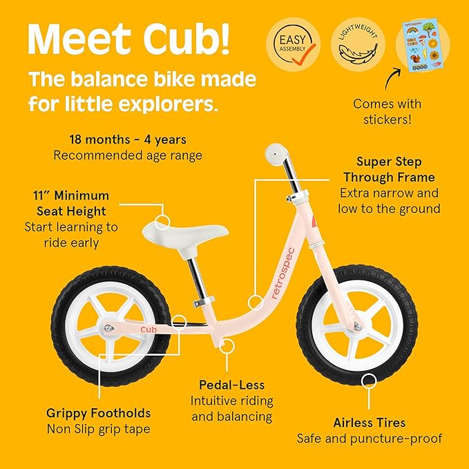 Retrospec Cub Toddler 12" Balance Bike, 18 Months - 3 Years Old, No Pedal Beginner Kids Bicycle for Girls & Boys, Flat-Free Tires, Adjustable Seat, & Durable Frame