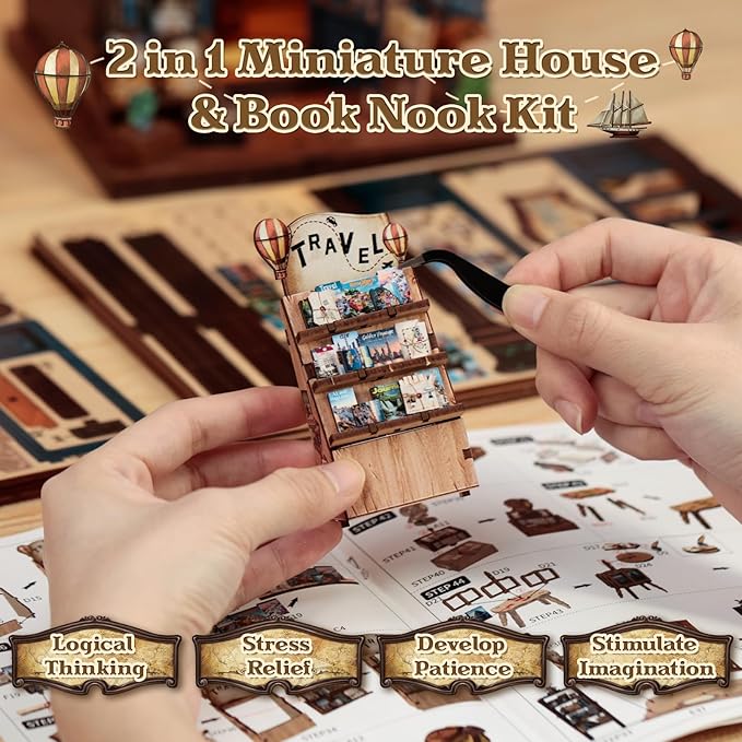 CUTEBEE Book Nook Kit - DIY Miniature House Dollhouse Kit for Adults and Teens, Booknook Tiny House Bookshelf Decor 3D Wooden Puzzle, Gifts for Family, Friends (Journey Trace Bookshop)
