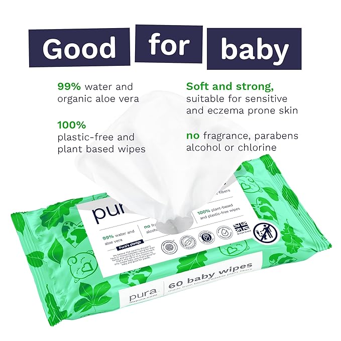 Pura Natural Sensitive Baby Wipes, 99% Water, Unscented & Hypoallergenic, Suitable for Sensitive & Eczema-prone Skin, Hypoallergenic, EWG Verified, 10 Pack of 60 Wet Wipes (600 Diaper Wipes) Bulk Buy
