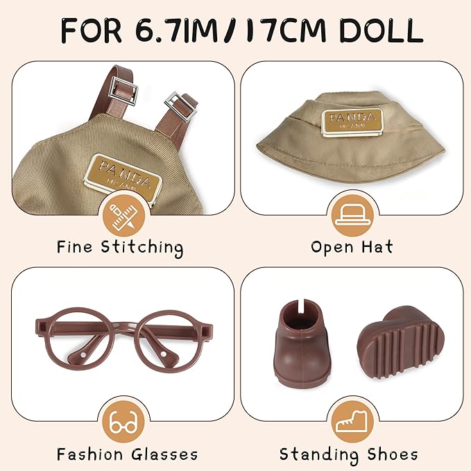 6.7in/17cm Doll Clothes Set, 4 PCS Fashion Outfit Includes Hat, Bib Pants, Glasses, Shoes, Cute Collectible Doll Accessories Unique Style (Khaki)