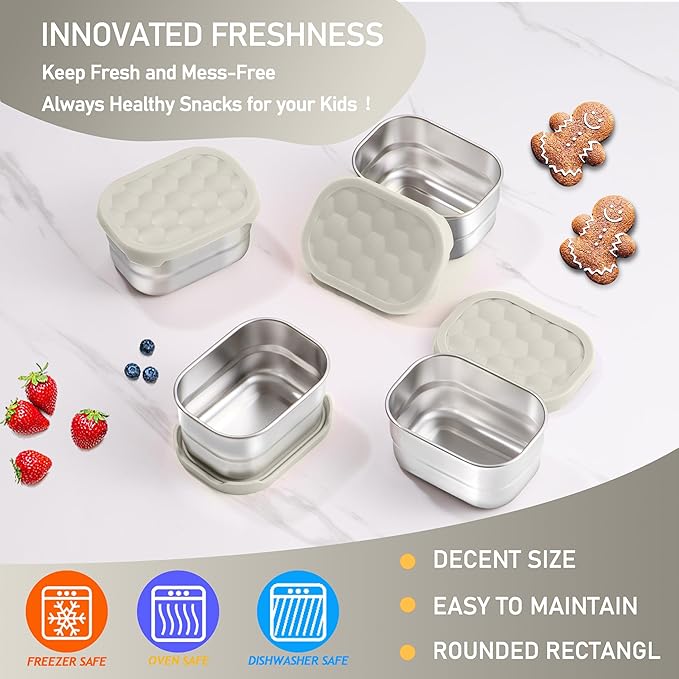 HaWare Stainless Steel Snack Containers for Toddlers and Kids, 8 oz Leak Proof Food Storage Containers with Khaki Silicone Lids, Stackable Small Metal Lunch Box for Daycare and School- 3 Packs