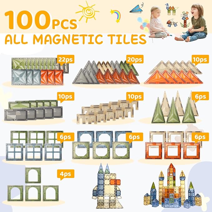 100 PCS Magnetic Tiles, Diamond Magnetic Blocks Building Set Magnet Tiles STEM Toys 3D Kids Preschool Educational Sensory Toys Gift for Toddlers Kids Boys Ages 3 4 5 6 7 8 9+ Year Old