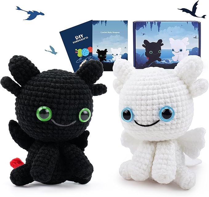 Dragon Crochet Kit for Beginners, 2PCS Black and White Dragon Crochet Animal Kit with Step-by-Step Video Tutorials, Crocheting Kits, Crochet Starter Kit for Kid and Adult, Stuffed Animal Knitting Kits