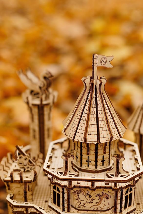 Wood Trick Dragon Castle Movable Wooden 3D Puzzles for Adults and Kids to Build - Red LED - Greensleeves Melody - Towers Rotating - Engineering DIY Project Mechanical Model Kits for Adults