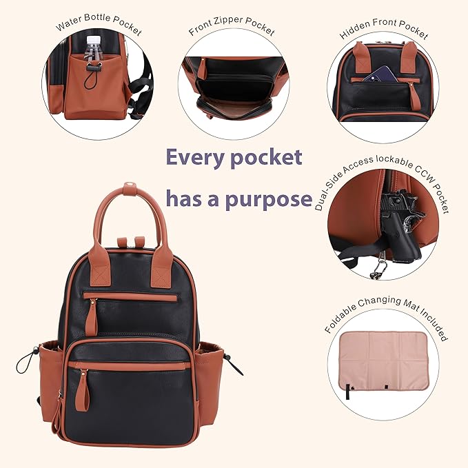 JESSIE & JAMES Saturday EDC Diaper Bag Backpack Multi Function Diaper Bag with Changing Pad & Stroller Straps_Black/Brown