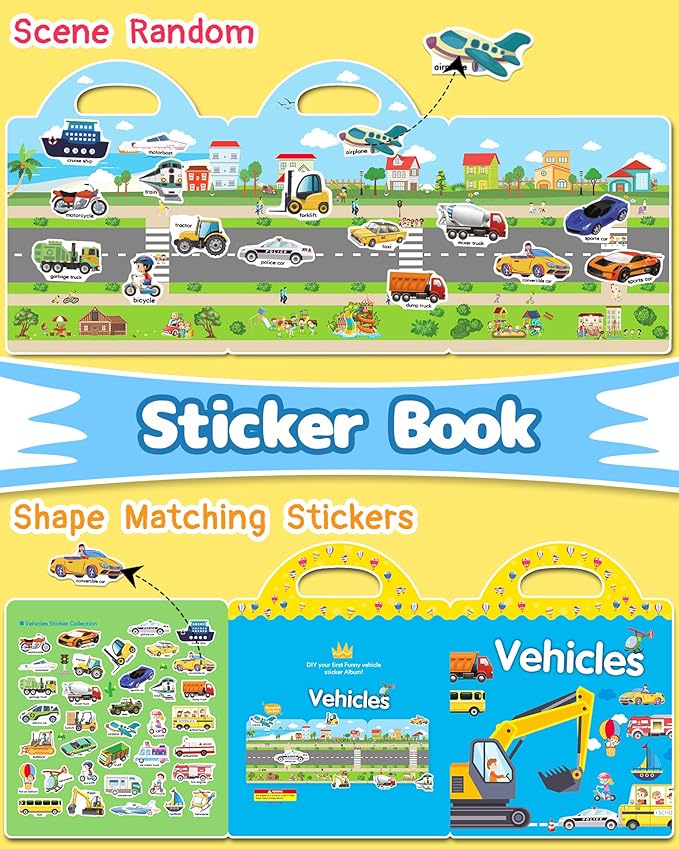 Benresive Reusable Sticker Book for Toddlers 2-4 Years, Fun Travel Stickers for Kids, Waterproof Sticker Books for Toddlers 1-3, Crafts Activities for Todddlers 1-3 2-4 3-5 - Vehicle