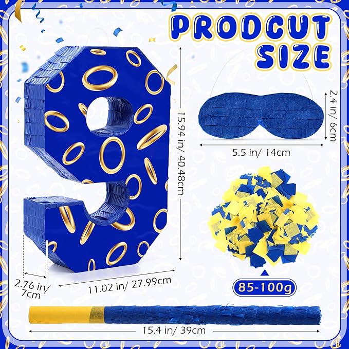 Number 9 Blue and Golden Rings Piñata for Kids Birthday Cartoon Theme Small Piñata with Blindfold Stick Confetti for Fiesta Cinco De Mayo Party Decor, 15.8 x 11 x 2.8 Inch