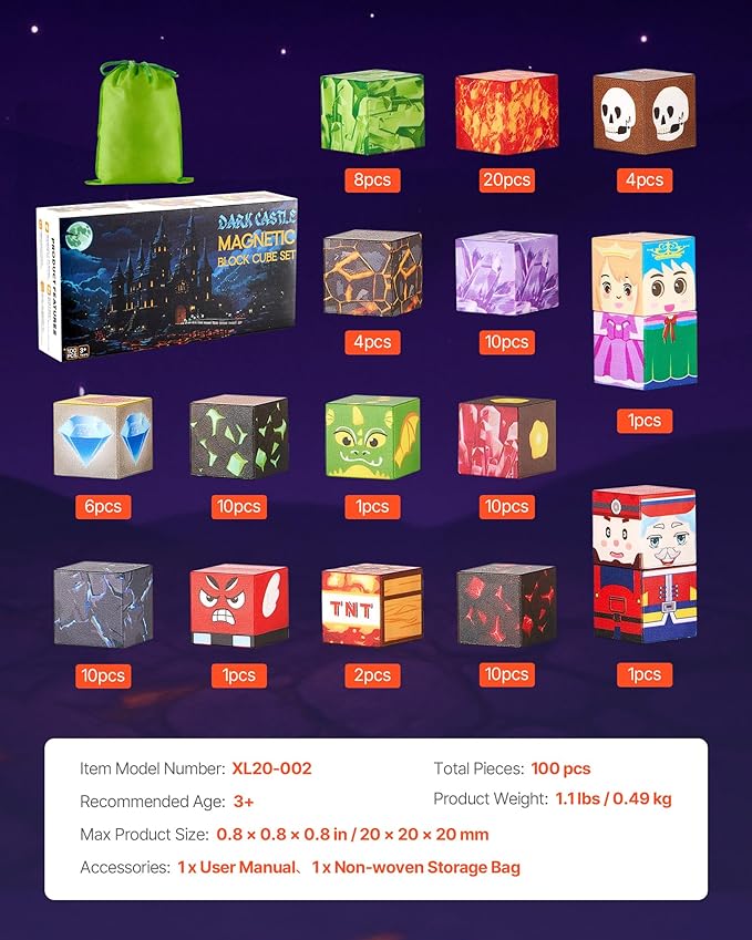 VEVOR Magnetic Blocks, 100 PCS Dark Castle Set, Magnetic Building Cubes for Kids, STEM Montessori Sensory Toys for Christmas Birthday Gift, Construction Stacking Toy for 3+ Years Old Boys & Girls