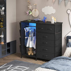 6 Drawer Dresser for Bedroom with Clothes Rack, Clothes Dresser with Side Pockets and Hooks, Charging Station & LED Lights, Wooden Top, Fabric Storage (Black)