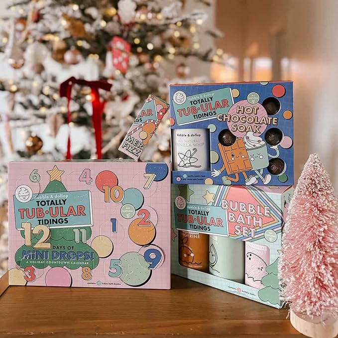 Dabble & Dollop Totally Tub-ular Tidings Hot Chocolate Soak - Holiday Bath Gift Set with 4 All-Natural Cocoa Bath Bombs and Vanilla Whip 3-in-1 Bubble Bath, Body Wash & Shampoo