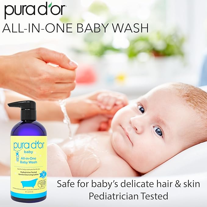 PURA D'OR All-in-One Baby Wash (16 Oz x2 = 32 Oz) USDA Biobased, Zero Sulfates, No Artificial Scents, Tear-Less, Hypoallergenic, Gentle, Calming 2-in-1 Baby Bath Wash & Shampoo