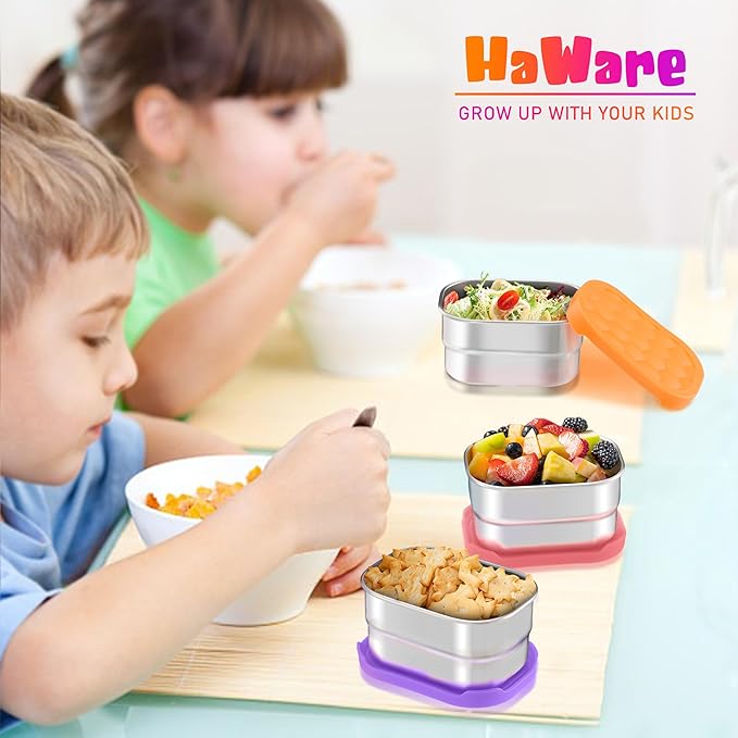 HaWare Stainless Steel Snack Containers for Toddlers and Kids, 8 oz Leak Proof Food Storage Containers with Silicone Lids, Stackable & Reusable Small Metal Lunch Box for Daycare and School- 3 Packs