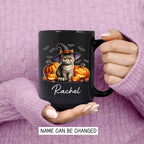Personalized Exotic Shorthair Wearing Witch Hat Ceramic Cup, Exotic Shorthair Coffee Mugs Gift for Halloween, Custom Name Pet Cat with Pumpkins Halloween Cup, Cat Owner Black Mug 11oz 15oz