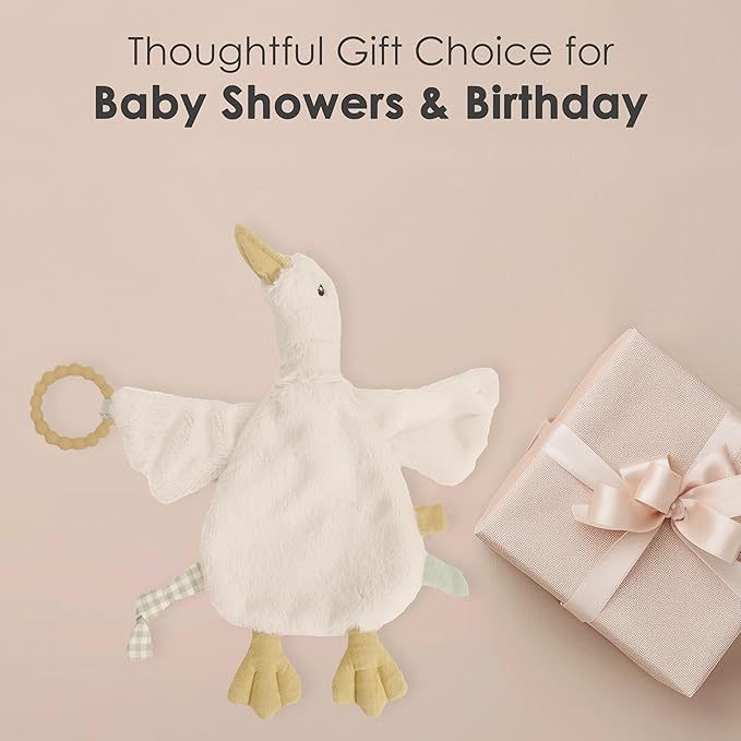 MON AMI PRU Goose Teether Lovie | 12-Inch Baby Security Blanket with Silicone Teether | Soft Plush Lovey for Teething Relief & Comfort