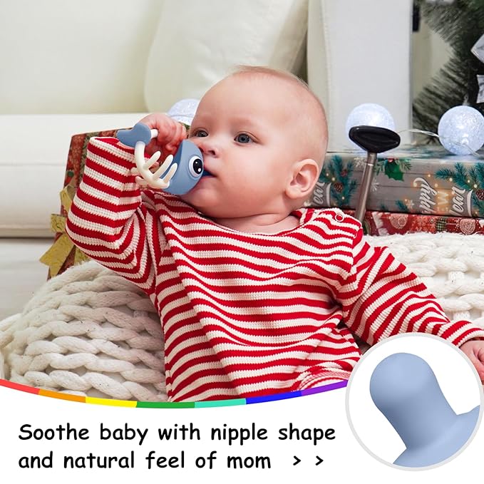 Baby Teething Toys 0-6 Months, Mombella Clownfish Teething Toys 6-12 Months, Baby Teether Toys with No Drop Strap, Silicone Baby Teething Relief Chew Toy, Easy to Hold for Infant, BPA Free, Blue