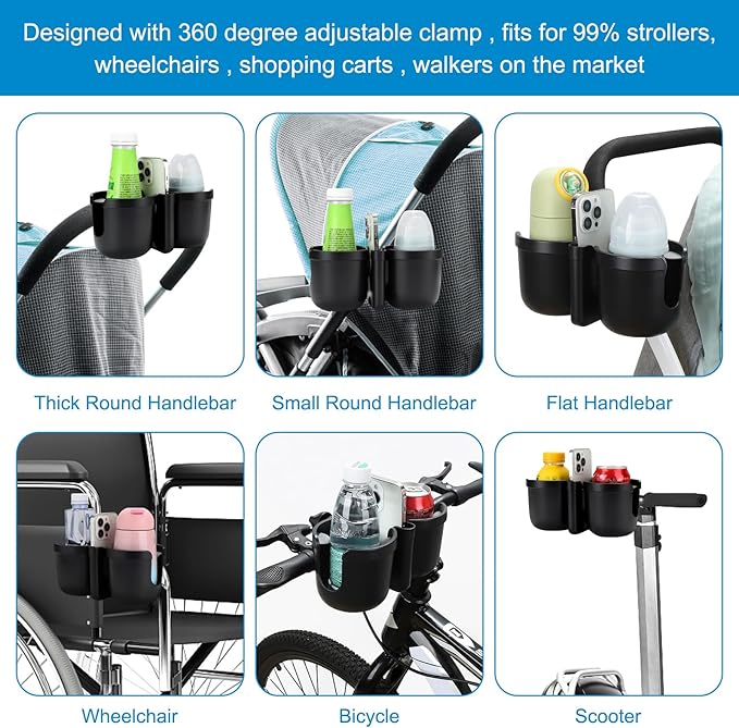 Accmor Stroller Cup Holder with Phone Holder, Universal Cup Holder for Uppababy Nuna Doona Strollers, 2-in-1 Bottle Phone Holder for Bike, Wheelchair, Walker, Scooter
