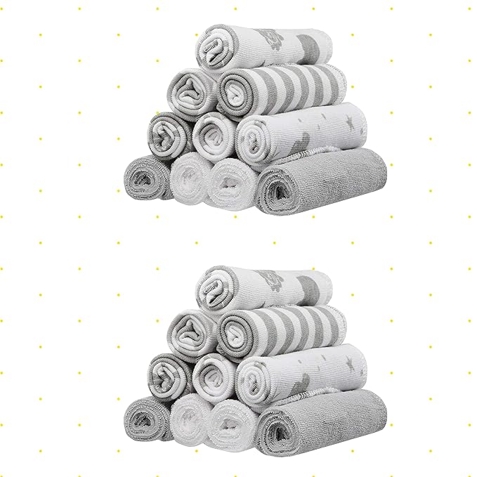 Spasilk 20-Piece Washcloth Set for Newborn Boys and Girls, Soft Terry Baby Washcloths, Baby Essentials, Gray Celestial