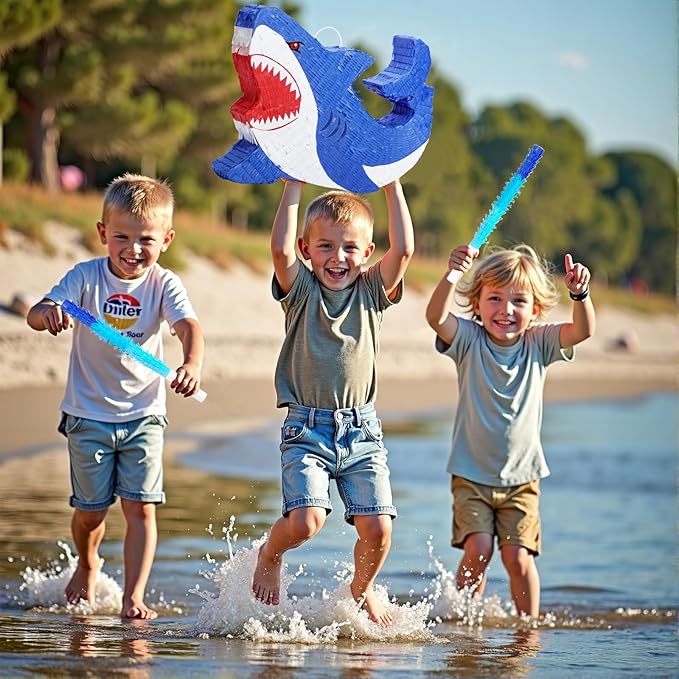 WERNNSAI Shark Piñata - Ocean Shark Birthday Party Decorations Kids Boys Pinata with Blindfold and Bat for Under the Sea Party Supplies Baby Shower Birthday Game Set