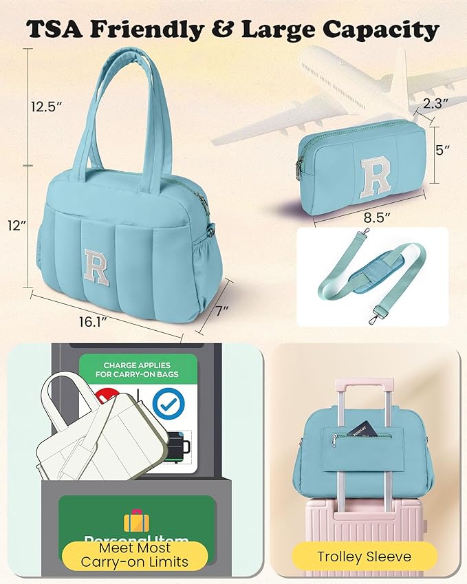 Duffle Bag, Weekender Bags for Girl，Holiday Gifts-Initial Overnight Bag with Wet Pocket，Lightweight Dance Bags Personalized Gymnastics bag with Makeup Pouch